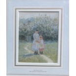 Helen Allingham, watercolour, The Sunlit Path, with two young girls, signed, 5.5ins x 4.5ins