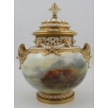A Royal Worcester Bow piece covered vase, decorate with Highland cattle in a landscape by John