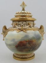 A Royal Worcester Bow piece covered vase, decorate with Highland cattle in a landscape by John