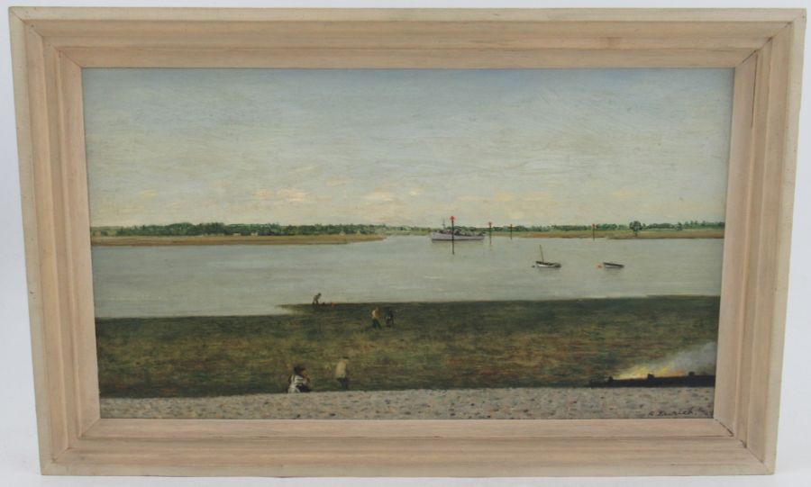 Richard Eurich, oil on board, Mine layer on Beaulieu River, 9ins x 16ins