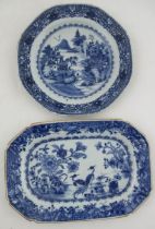 A hand painted Chinese oblong blue and white plate, decorated with birds and flowers, width 10.