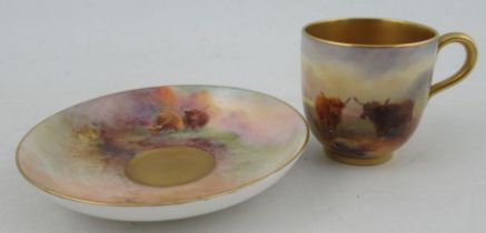 A Royal Worcester miniature coffee cup and saucer, both the cup and saucer decorated with Highland