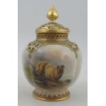 A Royal Worcester covered vase, the quarter lobbed body decorated with sheep in landscape by Barker,
