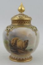 A Royal Worcester covered vase, the quarter lobbed body decorated with sheep in landscape by Barker,