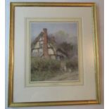 Helen Allingham, watercolour, An Old Cheshire Cottage, children playing outside a half timbered