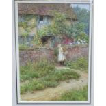 Helen Allingham, watercolour, At Sandhills, girl with basket outside cottage, signed, 10ins x 7.5ins