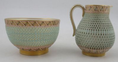 A Royal Worcester reticulated sugar bowl and milk jug, both with turquoise and jewelling, by