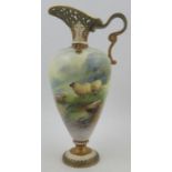 A Royal Worcester ewer, decorated with Sheep on a rocky outcrop by Harry Davis, with pierced neck