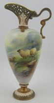 A Royal Worcester ewer, decorated with Sheep on a rocky outcrop by Harry Davis, with pierced neck