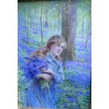 Beatrice Parsons, watercolour, girl carrying bluebells in a wood, 8ins x 5.5ins