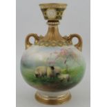 A Royal Worcester globular vase, decorated with sheep under a blossom tree by Harry Davis, with a