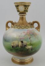 A Royal Worcester globular vase, decorated with sheep under a blossom tree by Harry Davis, with a
