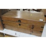 A teak box, with metal banding, width 27.5ins, depth 13.5ins, height 12ins