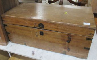 A teak box, with metal banding, width 27.5ins, depth 13.5ins, height 12ins