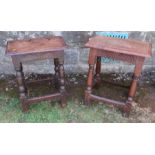 Two oak joint stools, both of rectangular form with carved frieze, 19ins x 12ins, height 23ins and