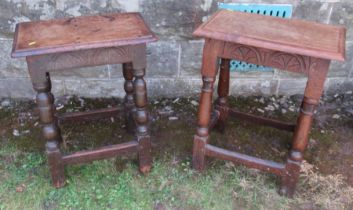 Two oak joint stools, both of rectangular form with carved frieze, 19ins x 12ins, height 23ins and