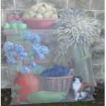 A dummy board with a harvest scene of wheat, fruit, vegetables and a cat  (64)