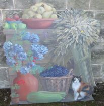 A dummy board with a harvest scene of wheat, fruit, vegetables and a cat  (64)