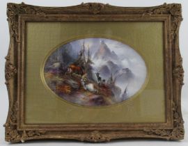 A Royal Worcester framed oval porcelain plaque, decorated with mountain goats in an alpine landscape