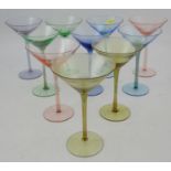Ten Art Deco style coloured cocktail glasses