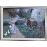 Thomas Mackay, watercolour, Music of the Wheel, young girl with ducks by a watermill, signed, 9ins x