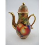 A Royal Worcester miniature coffee pot, decorated with hand painted fruit, signed A.Shuck, with blue