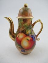 A Royal Worcester miniature coffee pot, decorated with hand painted fruit, signed A.Shuck, with blue