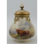 A Royal Worcester pierced covered vase, the quarter lobbed body decorated with Highland cattle in