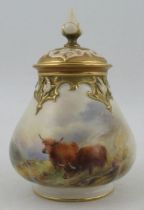 A Royal Worcester pierced covered vase, the quarter lobbed body decorated with Highland cattle in