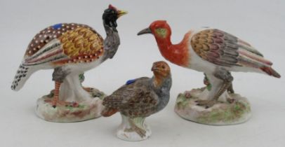 A Meissen model, of a Grouse, height 3.5ins, together with a pair of Continental models of birds -