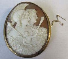 A Victorian shell cameo brooch, carved to depict double bust portrait, one figure with helmet and