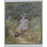 Helen Allingham, watercolour, young girl resting on a pathway, signed, 5.75ins x 4.75ins