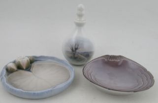 A Bing and Grondahl dish, decorated with water lily, 2360, together with a scent bottle, No 1080 (