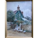 Walter Tyndale, watercolour and body colour, Brading Isle of Wight, girl with geese by a cottage,