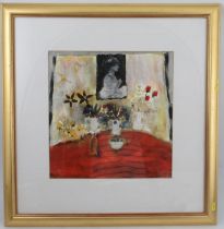 Leo MacDonald, mixed media, Portrait with Flower Table, 15ins x 14.5ins