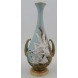 A Royal Worcester club shaped vase, decorated with five swans to a powder blue ground with gilded