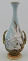 A Royal Worcester club shaped vase, decorated with five swans to a powder blue ground with gilded