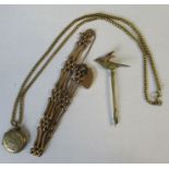 A 9ct rose gold padlock bracelet, 12.4g, a yellow metal circular locket on 9ct gold link chain, 10.