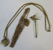 A 9ct rose gold padlock bracelet, 12.4g, a yellow metal circular locket on 9ct gold link chain, 10.