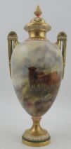 A Royal Worcester covered vase, decorated with Highland cattle in landscape by John Stinton, shape