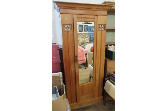 A satinwood single door wardrobe/hall cupboard, with mirror door and pierced glazed panels, width - Image 1 of 2