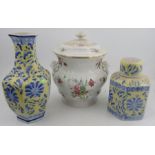 A Copeland Spode covered pot, decorated with flowers, af, height 14ins, together with two Oriental