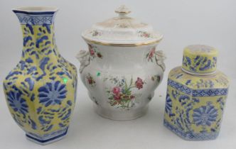 A Copeland Spode covered pot, decorated with flowers, af, height 14ins, together with two Oriental