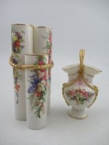 A 19th century  Royal Worcester triple spill vase, with rope decoration , painted with flowers,