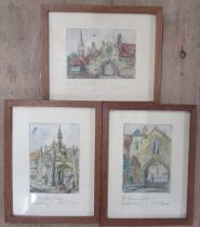 R C Bean, three coloured engravings, views of Salisbury, 5.5ins x 4ins and 4.25ins x 5.25ins