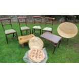 A set of four rosewood chairs, together with a wicket garden tub chair, a camel stool, a coffee