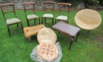 A set of four rosewood chairs, together with a wicket garden tub chair, a camel stool, a coffee