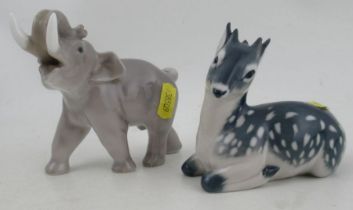 A Royal Copenhagen model, of a deer, No 2636, together with an Elephant, 1923 -30