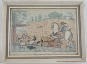 A hand coloured Georgian etching, of The Overthrow of Dr Slop, from Tristam Shandy, after Henry