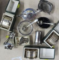 A collection of hallmarked sliver, to include napkin rings condiments etc